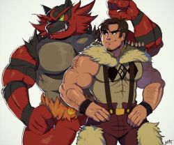 Rule 34 | 2boys, abs, arm hair, bara, bare shoulders, beowulf (skullgirls), creatures (company), crossover, facial hair, flexing, furry, furry male, game freak, gen 7 pokemon, highres, incineroar, large pectorals, male focus, manly, multiple boys, muscular, nintendo, pectorals, pokemon, pokemon (creature), ruslorc, sideburns, simple background, skullgirls, smile, stubble, suspenders, thick thighs, thighs, wrestling