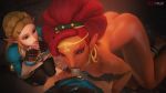 Rule 34 | 10s, 1boy, 2girls, 3d, amazed, animated, artist name, ass, black legwear, blonde hair, blue eyes, bottomless, breasts, cuckquean, dark skin, earrings, erection, fellatio, fingerless gloves, fugtrup, gerudo, gloves, green eyes, hand to own mouth, highres, interracial, jewelry, kneeling, large breasts, link, lipstick, lipstick mark, looking at another, looking at viewer, looking down, makeup, multiple girls, nintendo, nipples, nude, oral, own hands together, pantyhose, penis, pointy ears, pov, princess zelda, red hair, source filmmaker (medium), standing, the legend of zelda, the legend of zelda: breath of the wild, thick thighs, thighs, uncensored, urbosa, video, watching, wide-eyed, wide hips