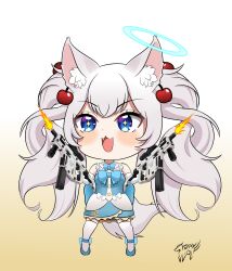 Rule 34 | 1girl, absurdres, animal ears, artist logo, blue bow, blue bowtie, blue dress, blue eyes, blue footwear, bow, bowtie, cherry hair ornament, chibi, dress, dress bow, dual wielding, fangs, firing, food-themed hair ornament, fox ears, fox girl, fox tail, frilled dress, frills, girls&#039; frontline, gradient background, grey hair, hair ornament, halo, highres, holding, indie virtual youtuber, kirsche verstahl, long hair, open mouth, solo, sparkling eyes, straywolf, tail, thighhighs, vector (girls&#039; frontline), virtual youtuber, white bow, white thighhighs