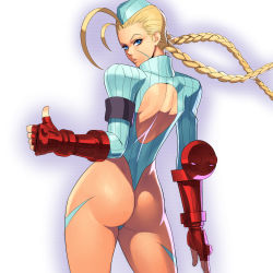Rule 34 | 1990s (style), 1girl, absurdres, ahoge, alternate costume, armband, armpits, ass, back cutout, bare shoulders, beret, blonde hair, blue eyes, blue leotard, braid, breasts, cammy white, capcom, clothing cutout, elbow gloves, fingerless gloves, gauntlets, gloves, hat, highleg, highleg leotard, highres, hip focus, huge ahoge, huge ass, legs, leotard, long hair, looking back, muscular, ogami, retro artstyle, scar, sideboob, skin tight, solo, street fighter, street fighter ii (series), street fighter zero (series), thighs, thong leotard, thumbs up, twin braids, wide hips