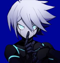 Rule 34 | 1boy, a tama (pakpak tkg), absurdres, android, armor, blue background, covering own mouth, danganronpa (series), danganronpa v3: killing harmony, earrings, grey eyes, grey hair, hand over own mouth, hand up, highres, index finger raised, jewelry, k1-b0, looking at viewer, male focus, power armor, short hair, solo