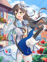 Rule 34 | 1girl, :d, absurdres, back bow, bang dream!, blue hair, blue neckwear, blue sky, bow, brown hair, building, bush, cloud, collared shirt, commentary, day, earrings, electric guitar, fender stratocaster, flower, gem, gloves, gradient hair, green eyes, guitar, hair ribbon, hanazono tae, hat, hat ribbon, highres, holding, holding instrument, house, instrument, jewelry, long hair, long sleeves, multicolored hair, open mouth, outdoors, petals, petticoat, poppin&#039;party, ribbon, rooftop, rose, see-through, see-through sleeves, shirt, sky, smile, solo, ssalgolae, standing, sunlight, symbol-only commentary, teeth, thighs, top hat, two-tone hair, upper teeth only, vest, white flower, white gloves, white hat, white rose, white shirt, window, yellow vest