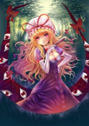 Rule 34 | 1girl, blonde hair, bow, breasts, cleavage, creepy, dress, elbow gloves, female focus, forest, gloves, hair bow, hand fan, hat, long hair, mg42cat-k1ng, nature, outdoors, pink eyes, plant, smile, solo, touhou, yakumo yukari
