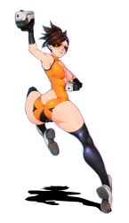 Rule 34 | 1girl, absurdres, alternate costume, ass, ass cutout, black thighhighs, breasts, brown eyes, brown hair, butt crack, cameltoe, center opening, clothing cutout, covered erect nipples, dixi-q, dual wielding, full body, goggles, gun, handgun, highres, holding, lips, looking at viewer, looking back, medium breasts, overwatch, overwatch 1, pistol, shadow, short hair, skin tight, smile, solo, thick thighs, thighhighs, thighs, tracer (overwatch), transparent background, twisted torso, weapon, white background
