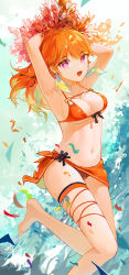 Rule 34 | 1girl, :d, absurdres, armpits, arms behind head, arms up, barefoot, bikini, breasts, cleavage, colored inner hair, confetti, dot nose, earrings, feather earrings, feathers, gradient hair, green hair, halterneck, happyongdal, highres, hololive, hololive english, jewelry, long hair, looking at viewer, medium breasts, multicolored hair, navel, open mouth, orange bikini, orange hair, pink eyes, pom pom (cheerleading), sarong, smile, solo, standing, standing on one leg, stomach, string bikini, swimsuit, takanashi kiara, thigh strap, virtual youtuber