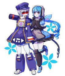 Rule 34 | 2girls, absurdres, aoi rena, blue hair, detached sleeves, genderswap, genderswap (mtf), gothic lolita, hands on own chest, hat, highres, leg up, lolita fashion, long hair, looking back, moonheart, multiple girls, personification, pink eyes, short hair, shoulder cannon, soundwave (transformers), sunglasses, symbol-only commentary, transformers, white hair