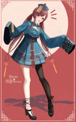 Rule 34 | 1girl, absurdres, asymmetrical legwear, black footwear, black thighhighs, blue dress, blush, breasts, china dress, chinese clothes, cleavage cutout, clothing cutout, dress, hair rings, hat, hat ornament, high heels, highres, idolmaster, idolmaster shiny colors, jiangshi, jiangshi costume, long hair, long sleeves, looking at viewer, medium breasts, ofuda, ofuda on head, open mouth, osaki amana, outstretched arms, qingdai guanmao, red hair, sikimosh, single thighhigh, sleeves past fingers, sleeves past wrists, smile, solo, swept bangs, talisman, thighhighs, twintails, yellow eyes, zombie pose