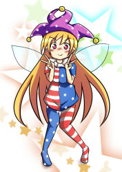 Rule 34 | 1girl, american flag dress, american flag legwear, blonde hair, blush, clownpiece, double v, dress, fairy, fairy wings, full body, happy, hat, highres, jester cap, knees together feet apart, long hair, neck ruff, nose blush, pantyhose, pink eyes, short dress, short sleeves, smile, solo, star (symbol), starry background, striped clothes, striped dress, striped pantyhose, takami13, thigh gap, touhou, v, very long hair, wings