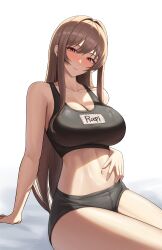 Rule 34 | 1girl, absurdres, arm support, bare arms, bare shoulders, black shirt, black shorts, black sports bra, blush, bodam, breasts, brown hair, cleavage, closed mouth, collarbone, crop top, goddess of victory: nikke, hand on own stomach, highres, large breasts, long hair, looking at viewer, micro shorts, midriff, name tag, navel, nose blush, rapi (nikke), red eyes, shirt, short shorts, shorts, sidelocks, simple background, sitting, sleeveless, sleeveless shirt, solo, sports bra, stomach, thighs, very long hair, white background