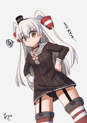 Rule 34 | 1girl, akashieru, amatsukaze (kancolle), artist logo, black panties, brown dress, brown eyes, commentary request, cowboy shot, dress, garter straps, gloves, grey neckerchief, hair tubes, hands on own hips, hat, highres, kantai collection, lifebuoy ornament, long hair, looking at viewer, mini hat, neckerchief, one-hour drawing challenge, panties, red thighhighs, sailor dress, short dress, simple background, single glove, smokestack hair ornament, solo, squiggle, standing, striped clothes, striped thighhighs, thighhighs, translation request, two side up, underwear, white background, white gloves, white hair