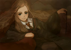 Rule 34 | 1girl, animification, black robe, blouse, brown eyes, brown hair, collared shirt, half updo, harry potter (series), hermione granger, hogwarts school uniform, leaning to the side, long hair, looking at viewer, necktie, red necktie, robe, school uniform, shirabi, shirt, sitting, smile, solo, wand, wavy hair, white shirt, wizarding world