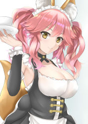 Rule 34 | 1girl, absurdres, alternate costume, animal ear fluff, animal ears, apron, bare shoulders, black dress, breasts, cleavage, closed mouth, cup, dress, enmaided, fate/extra, fate (series), fox ears, fox girl, fox tail, hair between eyes, highres, kamehito, large breasts, long hair, looking at viewer, maid, official alternate costume, pink hair, saucer, sidelocks, smile, solo, tail, tamamo (fate), tamamo no mae (fate/extra), tamamo no mae (tailmaid strike) (fate), teacup, twintails, underbust, waist apron, yellow eyes