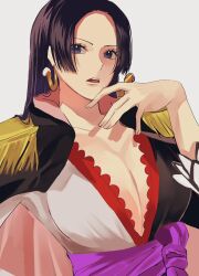 Rule 34 | 1girl, black hair, blue eyes, boa hancock, breasts, cleavage, commentary request, dress, earrings, epaulettes, highres, hime cut, jewelry, long hair, looking at viewer, one piece, one piece: stampede, op 1156, purple sash, sash, simple background, snake earrings, solo, upper body