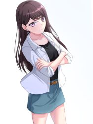 Rule 34 | 1girl, bang dream!, bang dream! it&#039;s mygo!!!!!, black shirt, blue skirt, brown hair, closed mouth, commentary request, cowboy shot, crossed arms, denim, denim skirt, earrings, fukumaru1021, gradient background, highres, jewelry, long hair, looking at viewer, mole, mole under eye, open clothes, open shirt, purple eyes, shiina taki, shirt, skirt, sleeves rolled up, smile, solo, white background, white shirt