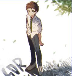 Rule 34 | 1boy, black pants, brown eyes, brown hair, closed mouth, collared shirt, danganronpa (series), danganronpa 2: goodbye despair, full body, green necktie, hand on own hip, highres, hinata hajime, looking at viewer, looking up, male focus, necktie, pants, shi chimi, shirt, shoes, short hair, short sleeves, solo, standing, white background, white shirt