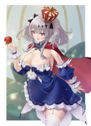 Rule 34 | 1girl, absurdres, apple, azur lane, blue dress, breasts, cape, cleavage, crown, detached sleeves, dress, food, fruit, garter straps, hair ornament, highres, holding, holding food, holding fruit, joffre (azur lane), joffre (ensorcelled snow white) (azur lane), lace, lace-trimmed legwear, lace trim, large breasts, looking at viewer, official alternate costume, puffy short sleeves, puffy sleeves, red apple, red cape, red eyes, short dress, short sleeves, slit pupils, solo, syu.mu, thighhighs, twintails, white garter straps, white thighhighs
