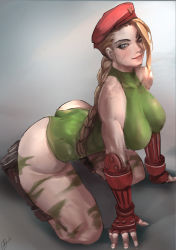 Rule 34 | 1girl, ass, blonde hair, boots, breasts, cammy white, capcom, fingerless gloves, gloves, hat, highres, large breasts, leotard, long hair, looking at viewer, onishinx, sleeveless, street fighter