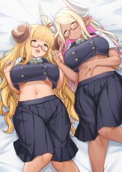 2girls anila_(granblue_fantasy) blonde_hair bow bowtie breasts dark-skinned_female dark_skin draph glasses holding_hands horns kumbhira_(granblue_fantasy) large_breasts long_hair multicolored_hair multiple_girls navel on_bed pink_hair school_uniform skirt smile streaked_hair underboob