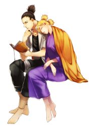 Rule 34 | 1boy, 1girl, amase (siki696), barefoot, beard, black hair, blanket, blonde hair, book, couple, facial hair, goatee, head on another&#039;s shoulder, hetero, highres, husband and wife, japanese clothes, jewelry, kimono, long hair, nara shikamaru, naruto, naruto (series), necklace, open book, ponytail, quad tails, reading, sleeping, sleeping on person, sleeping upright, temari (naruto), toes, topknot