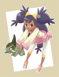 Rule 34 | 1girl, axew, bent over, bow, creatures (company), dark-skinned female, dark skin, female focus, game freak, gen 5 pokemon, iris (pokemon), light smile, long hair, looking at viewer, nintendo, orange eyes, pokemon, pokemon (anime), pokemon (creature), pokemon bw (anime), purple hair, simple background, solo, standing, twintails, two-tone background, two side up, very long hair, waist bow, youkann00