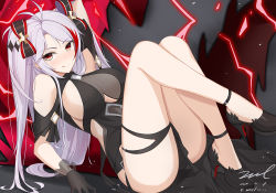 Rule 34 | 1girl, :q, antenna hair, arm up, ass, azur lane, bare legs, black bow, black dress, black footwear, black gloves, bow, breasts, closed mouth, cross, dated, dress, gloves, hair bow, high heels, knees up, large breasts, lightning, long hair, looking at viewer, multicolored hair, no mole, prinz eugen (azur lane), prinz eugen (cordial cornflower) (azur lane), reclining, red eyes, red hair, sidelocks, signature, smile, solo, streaked hair, tongue, tongue out, twitter username, unel, white hair