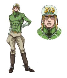 Rule 34 | 1boy, araki hirohiko (style), argyle, argyle clothes, argyle sweater, blonde hair, brown footwear, contrapposto, covered abs, diego brando, gloves, grandguerrilla, green shirt, grey gloves, grey headwear, grey pants, hair between eyes, hand on own hip, hat, highres, jojo no kimyou na bouken, looking at viewer, male focus, medium hair, multiple views, official style, pants, parted lips, shirt, simple background, spurs, steel ball run, sweater, white background, yellow eyes