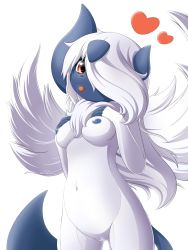 Rule 34 | 1girl, absol, breasts, creatures (company), female focus, furry, furry female, game freak, gen 3 pokemon, hair over one eye, hands on own chest, hands up, heart, highres, horns, legs apart, looking at viewer, looking to the side, medium breasts, mega absol, mega pokemon, navel, nintendo, nipples, nude, personification, pokemon, pokemon (creature), pussy, red eyes, simple background, solo, standing, symbiani, tail, thigh gap, tongue, tongue out, uncensored, white background, white hair, wings