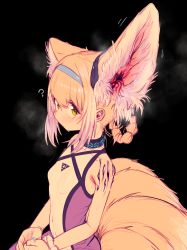 Rule 34 | 1girl, ?, absurdres, animal ear fluff, animal ears, arknights, bare shoulders, black background, blonde hair, blue hairband, blue nails, blush, braid, braided hair rings, breasts, closed mouth, collar, covered collarbone, covered navel, dress, ear focus, extra ears, female focus, fox ears, fox girl, fox tail, from side, furry, furry female, hair rings, hairband, headgear, highres, hitobashira (1746164306), kitsune, kyuubi, looking at viewer, material growth, multicolored clothes, multicolored dress, multicolored hair, multiple tails, nail polish, oripathy lesion (arknights), own hands together, short hair, sidelocks, simple background, sitting, sleeveless, sleeveless dress, small breasts, solo, steam, steaming body, suzuran (arknights), sweat, tail, two-tone hair, upper body, white hair, yellow eyes