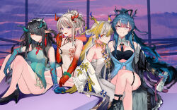 Rule 34 | 4girls, aqua dress, aqua hair, aqua horns, arknights, ass, bandeau, bare shoulders, beads, between breasts, black bandeau, black footwear, black hair, black necktie, black ribbon, blonde hair, blue hair, braid, breasts, china dress, chinese clothes, closed mouth, colored skin, crossed legs, dragon girl, dress, dusk (arknights), dusk (everything is a miracle) (arknights), earrings, grey eyes, grey hair, grin, hair between eyes, hair intakes, hair ornament, hair over one eye, hair ribbon, hairpin, hand on own leg, hand up, high collar, high heels, highres, holding, horns, jacket, jewelry, knees up, ling (arknights), ling (towering is cliff of nostalgia) (arknights), long hair, long sleeves, looking at viewer, magic, medium breasts, multicolored hair, multiple girls, necklace, necktie, necktie between breasts, nian (arknights), nian (unfettered freedom) (arknights), off shoulder, official alternate costume, one eye covered, open clothes, open jacket, pants, pelvic curtain, pink eyes, pink ribbon, pointy ears, purple eyes, purple hair, purple horns, red eyes, red horns, ribbon, seigaiha, shoes, short hair, shu (arknights), siblings, sisters, sitting, sleeveless, sleeveless dress, smile, strapless, streaked hair, tube top, tudili, very long hair, white dress, white horns, white jacket, white pants, white tube top, yellow horns