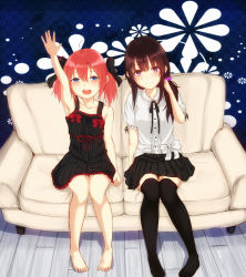 Rule 34 | 2girls, 96tuki, :d, adjusting hair, arm up, bad id, bad pixiv id, barefoot, black dress, black hair, black ribbon, black skirt, blouse, blue eyes, blunt bangs, collar, collarbone, couch, dress, feet, floral background, frilled dress, frills, hair between eyes, hair bobbles, hair ornament, hair over shoulder, hair ribbon, looking at viewer, multiple girls, open mouth, original, pink hair, pleated skirt, ponytail, purple eyes, red ribbon, ribbon, ribbon-trimmed sleeves, ribbon trim, shirt, short dress, short sleeves, side ponytail, sidelocks, sitting, skirt, smile, striped clothes, striped dress, thighhighs, white upholstery, zettai ryouiki