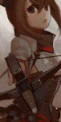 Rule 34 | 10s, 1girl, 3four, bow (weapon), brown eyes, brown hair, crossbow, gradient background, holding, holding weapon, kantai collection, long hair, long sleeves, sidelocks, solo, taihou (kancolle), weapon