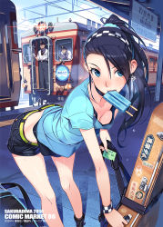 Rule 34 | 10s, 1girl, 2boys, bag, bent over, black hair, blue eyes, bra, breasts, character request, conductor, downblouse, duffel bag, earrings, food, gloves, guitar case, hair over one eye, hairband, instrument case, jewelry, kashima noa, leaning forward, long hair, md5 mismatch, midriff, mouth hold, multiple boys, ponytail, popsicle, rail wars!, resolution mismatch, scrunchie, shirt, shorts, small breasts, source larger, standing, sweat, t-shirt, tactile paving, train, train station, underwear, uniform, vania600, wristband