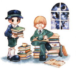 Rule 34 | 2boys, book, book stack, child, full body, glasses, hat, indoors, jeff andonuts, kneehighs, lowres, male focus, mother (game), mother 2, multiple boys, nintendo, open book, shorts, sky, socks, tony (mother 2), window