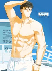 Rule 34 | 1boy, abs, bara, black hair, bracelet, day, english text, engrish text, hand on own head, highres, jewelry, large pectorals, male focus, male swimwear, muscular, muscular male, navel, nipples, original, outdoors, pectorals, ranguage, short hair, sky, smile, solo, spanish text, swim trunks, tai (tai xwxy), topless male, white male swimwear, white swim trunks, yellow eyes