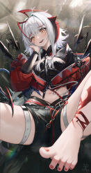 Rule 34 | 1girl, ahoge, arknights, belt, blush, chinese commentary, commentary request, cross-shaped pupils, fang, feet, foot focus, highres, holding head, jacket, leg belt, light particles, looking at viewer, midriff, nail polish, navel, official alternate costume, pale skin, red jacket, red nails, signature, smug, solo, spread toes, sweat, sweatdrop, symbol-shaped pupils, toenail polish, toenails, toes, two-tone eyes, w (arknights), white belt, white hair, zayur