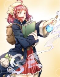 Rule 34 | 1girl, :d, ahoge, atelier (series), atelier sophie, backpack, bag, blue coat, bow, coat, cowboy shot, flask, frilled skirt, frills, green bow, hair ornament, highres, holding, holding flask, lens flare, long sleeves, looking at viewer, miniskirt, nakano maru, open mouth, orange eyes, pink hair, pleated skirt, red skirt, short hair, skirt, smile, solo, sophie neuenmuller, standing, wide sleeves