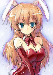 Rule 34 | 00s, 1girl, animal ears, blue eyes, bow, bowtie, breasts, charlotte e. yeager, cleavage, detached collar, elbow gloves, fake animal ears, gloves, huge breasts, kuropan (crow panther), kurou (artist), leotard, playboy bunny, rabbit ears, red bow, red bowtie, sketch, solo, strike witches, world witches series