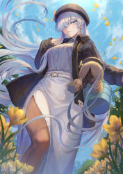 Rule 34 | 1girl, alternate costume, anastasia (fate), belt, black hat, black jacket, blue eyes, blue sky, blush, breasts, brown pantyhose, chain, contemporary, day, doll, dress, fate/grand order, fate (series), field, flower, flower field, hair over one eye, hat, highres, jacket, large breasts, long hair, long sleeves, looking at viewer, mashuu (neko no oyashiro), medium breasts, open clothes, open jacket, pantyhose, parted lips, petals, silver hair, sky, solo, standing, thighs, very long hair, viy (fate), white dress