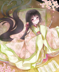 Rule 34 | 1girl, bad id, bad pixiv id, black hair, blush, character request, flower, flower request, from above, hair ornament, japanese clothes, kimono, layered clothes, layered kimono, long hair, looking up, open mouth, paper, perspective, petals, purple eyes, solo, tears, very long hair, wavy mouth, wooden floor, yuuki rika