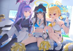 3girls aekun_cben ahoge animal_ears bare_shoulders black_hair blonde_hair blue_archive blue_eyes blue_headband blush breasts cheerleader cleavage commentary_request dog_ears dog_girl dog_tail engineering_department_(blue_archive) eyewear_on_head floating_headgear hair_between_eyes hair_ornament hairband halo headband headgear hibiki_(blue_archive) hibiki_(cheer_squad)_(blue_archive) highres holding holding_hands kotori_(blue_archive) kotori_(cheer_squad)_(blue_archive) large_breasts long_hair looking_at_another medium_breasts midriff millennium_cheerleader_outfit_(blue_archive) miniskirt multiple_girls navel official_alternate_costume open_mouth pleated_skirt pom_pom_(cheerleading) purple_eyes purple_hair red_eyes shirt short_hair short_twintails sitting skirt smile sports_bra squatting star_sticker sticker_on_face tail text_print triangle_halo turret twintails two-tone_sports_bra utaha_(blue_archive) utaha_(cheer_squad)_(blue_archive) very_long_hair white_skirt yellow_halo