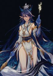 Rule 34 | 1girl, arknights, black background, blue hair, breasts, detached sleeves, earrings, grin, hat, highres, holding, holding staff, horns, jewelry, large breasts, ling (arknights), ling (it does wash the strings) (arknights), long hair, looking at viewer, meow on road, official alternate costume, pointy ears, purple eyes, sash, sideboob, simple background, smile, solo, staff, very long hair