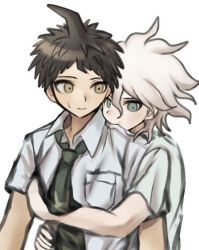 2boys ahoge breast_pocket brown_eyes brown_hair collared_shirt commentary_request danganronpa_(series) danganronpa_2:_goodbye_despair from_behind green_necktie grey_hair hair_between_eyes hinata_hajime hug hug_from_behind ikemen&#039;na_ore-shi komaeda_nagito male_focus medium_hair messy_hair multiple_boys necktie no_jacket pocket shirt short_hair simple_background smile sweatdrop upper_body white_background