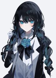 Rule 34 | 1girl, absurdres, ado (utaite), alternate hairstyle, black bow, black bowtie, black coat, black hair, blue eyes, blue flower, blue hair, blue rose, blush, bow, bowtie, braid, chando (ado), closed mouth, cloud nine inc, coat, collared shirt, colored inner hair, commentary, dress shirt, flower, flower brooch, gloves, hair between eyes, hair bow, highres, long hair, long sleeves, looking at viewer, low twin braids, mole, mole under eye, multicolored hair, open clothes, open coat, rose, shadow, shirt, simple background, solo, twin braids, two-tone hair, umemaro (siona0908), upper body, utaite, white background, white gloves, white shirt