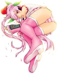 Rule 34 | 1girl, boots, cherry, detached sleeves, food, fruit, hair over one eye, hatsune miku, long hair, lying, nail polish, panties, petals, pink eyes, pink footwear, pink hair, pink panties, sakana0627, sakura miku, smile, solo, striped clothes, striped panties, thigh boots, thighhighs, twintails, underwear, vocaloid