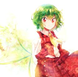 Rule 34 | 1girl, ascot, buttons, closed mouth, collar, collared shirt, green background, green hair, hair between eyes, highres, itomugi-kun, kazami yuuka, light, long sleeves, looking at viewer, multicolored background, open clothes, open vest, plaid, plaid skirt, plaid vest, puffy long sleeves, puffy sleeves, red eyes, red skirt, red vest, shirt, short hair, skirt, smile, solo, standing, touhou, umbrella, vest, white background, white shirt, white sleeves, yellow ascot, yellow background