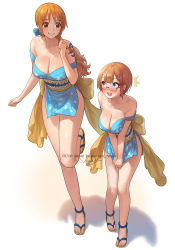 Rule 34 | bare shoulders, blue bow, blue eyes, blue kimono, blush, bokutachi wa benkyou ga dekinai, bow, breasts, brown eyes, capelet, cleavage, commentary request, crossover, feet, full body, glasses, hair bow, height difference, highres, hug, japanese clothes, kimono, kimono tug, large breasts, long hair, long legs, looking at another, nami (one piece), nhaliz, no bra, obi, off shoulder, ogata rizu, one piece, orange hair, red bow, rimless eyewear, sandals, sash, short hair, short kimono, shortstack, toes, v arms