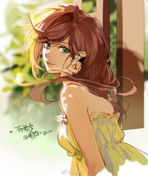 Rule 34 | 1girl, bare shoulders, brown hair, dress, earrings, green eyes, jewelry, lips, long hair, looking at viewer, looking to the side, rosa (tears of themis), shadow, sleeveless, sleeveless dress, smile, solo, strapless, strapless dress, tang xinzi, tears of themis, yellow dress