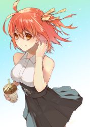 Rule 34 | ahoge, alternate costume, bare shoulders, black skirt, blue background, breasts, bubble tea, commentary request, fate/grand order, fate (series), fujimaru ritsuka (female), hair between eyes, hair ribbon, holding, large breasts, looking at viewer, meme attire, one side up, orange eyes, orange hair, orange ribbon, pleated skirt, ribbon, rkp, shirt, side ponytail, simple background, skirt, smile, solo, white background, white shirt