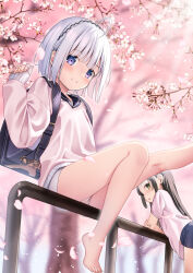 Rule 34 | 2girls, :o, ahoge, backpack, bag, bare legs, barefoot, black hair, black sailor collar, blue shorts, blurry, blurry background, blush, branch, brown eyes, cherry blossoms, closed mouth, commentary request, day, depth of field, flower, grey hair, highres, long hair, long sleeves, multiple girls, on railing, original, outdoors, parted lips, pinching sleeves, pink shirt, puffy long sleeves, puffy sleeves, purple eyes, railing, randoseru, sailor collar, shirt, short hair, shorts, sitting, sleeves past wrists, smile, tree, very long hair, white flower, white shorts, yan (nicknikg)