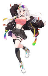 Rule 34 | 1girl, arm up, bare shoulders, black collar, black footwear, black jacket, blush, bow, breasts, character name, cleavage, collar, collarbone, grey hair, hair bow, jacket, kubota masaki, long hair, navel, open clothes, open jacket, orange eyes, original, pointing, rainbow, simple background, single thighhigh, skindentation, skirt, sleeves past wrists, socks, solo, strapless, suspenders, teeth, thigh strap, thighhighs, tube top, upper teeth only, virtual youtuber, white background, white footwear, white hair